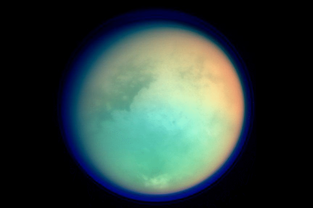 Titan moon false color image methane atmosphere Cassini